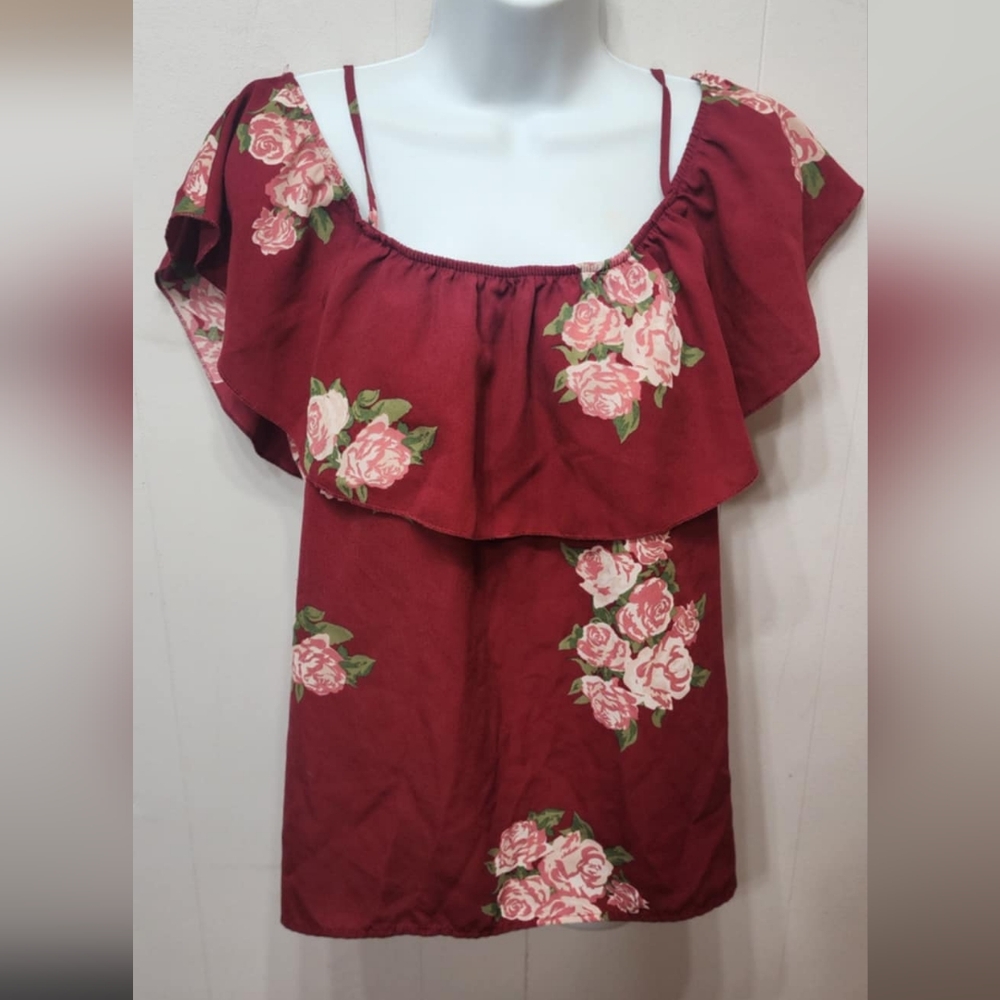 No Boundaries Blouse XL Floral Burgundy Cold Shoulder Ruffle C264Z